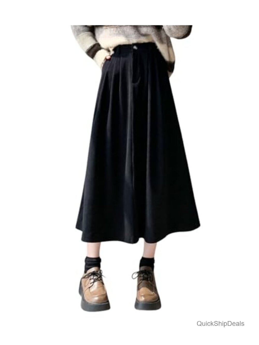 Women's Vintage Corduroy A-Line Skirt High Waist Pleated Midi with Pockets
